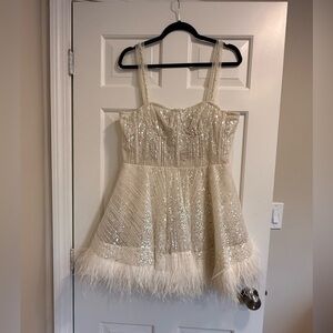 Bronx & Banco Mademoiselle Beaded Bustier Mini Dress | Size XL | Feather Hem